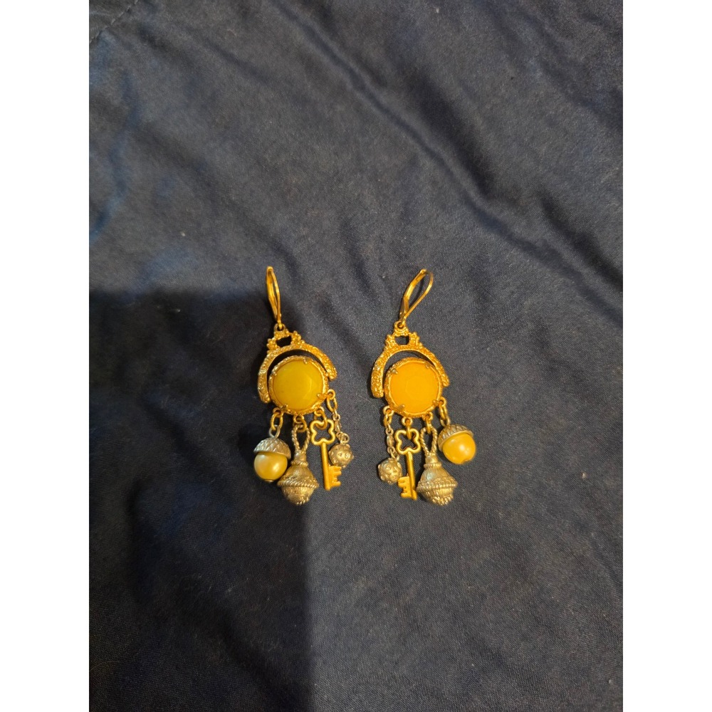 Vintage Gold Tone Yellow Cabochon Charm Chandelier Earrings Key Acorn Pearl